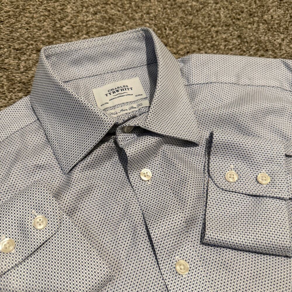 Charles Tyrwhitt Non-Iron Slim Fit Dress Shirt Mens 16.5/33 Blue White Dobby